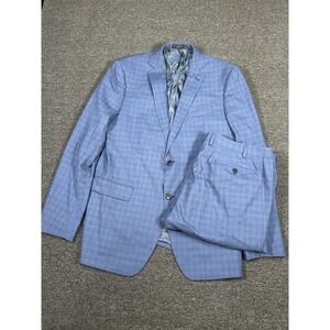 John Varvatos 2 Piece Suit Men's 44L Pants 39x37 Blue Plaid Wool Stretch Bedford